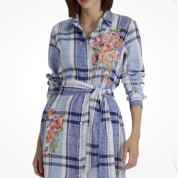 New LAUREN RALPH LAUREN Blue White Plaid Floral Linen Long Sleeve Dress - Picture 3 of 5
